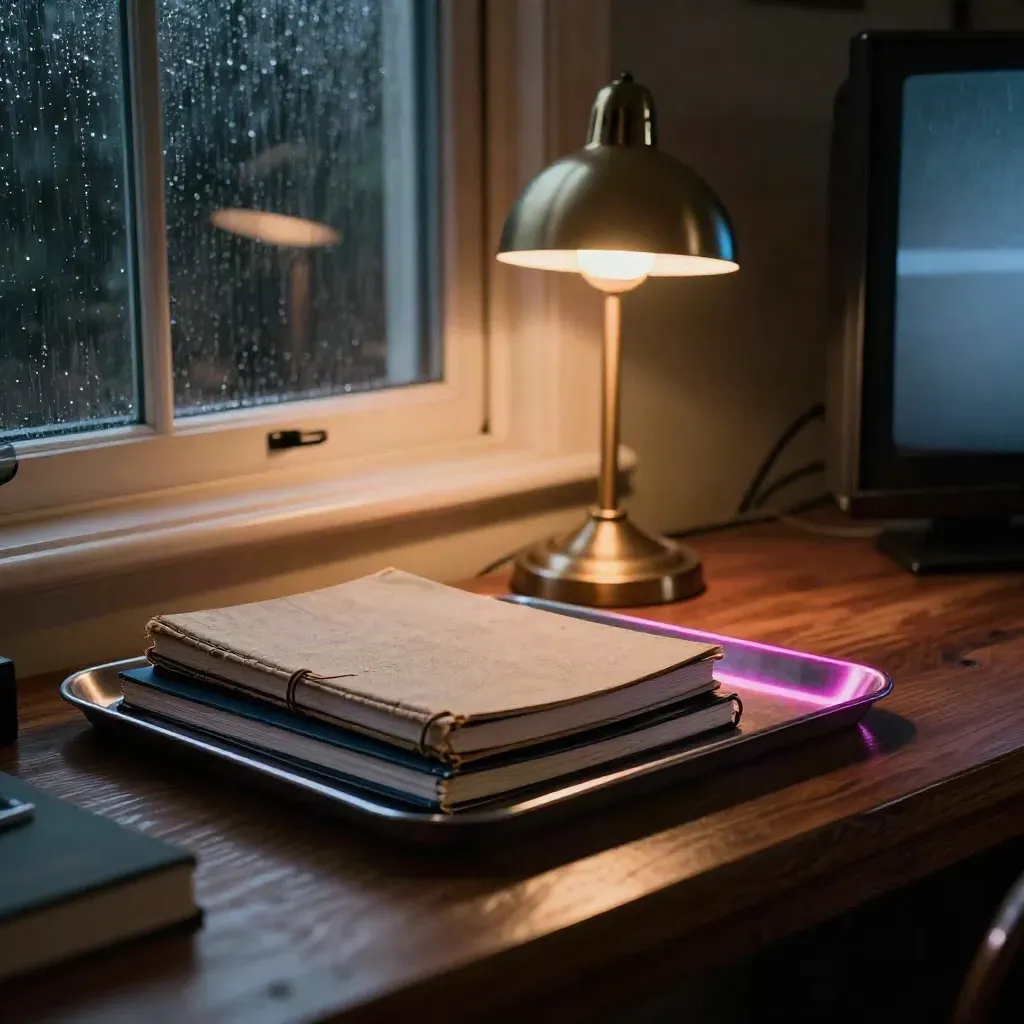 Moody TV study table with notebooks, metal tray, desk lamp, and dim TV glow after rain.