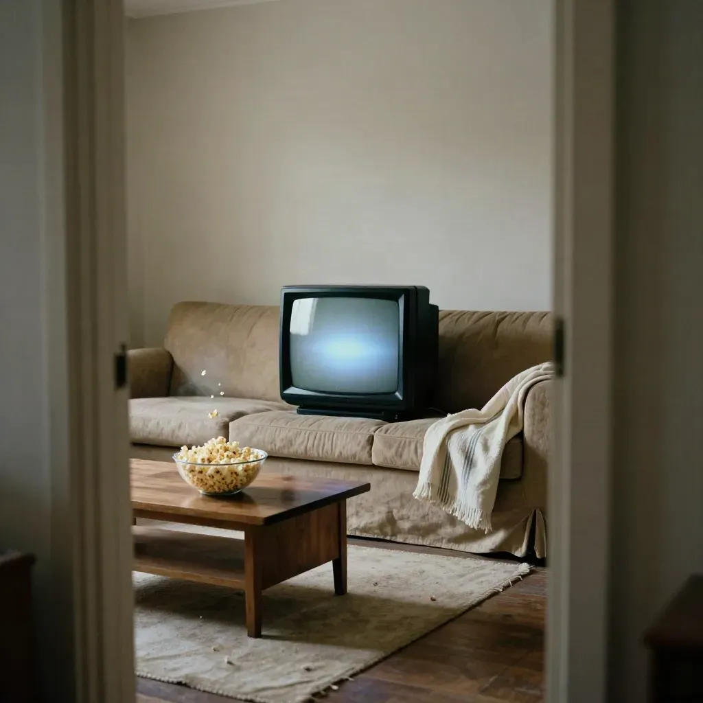 Small TV, striped throw, popcorn bowl, and daylight in a cozy den