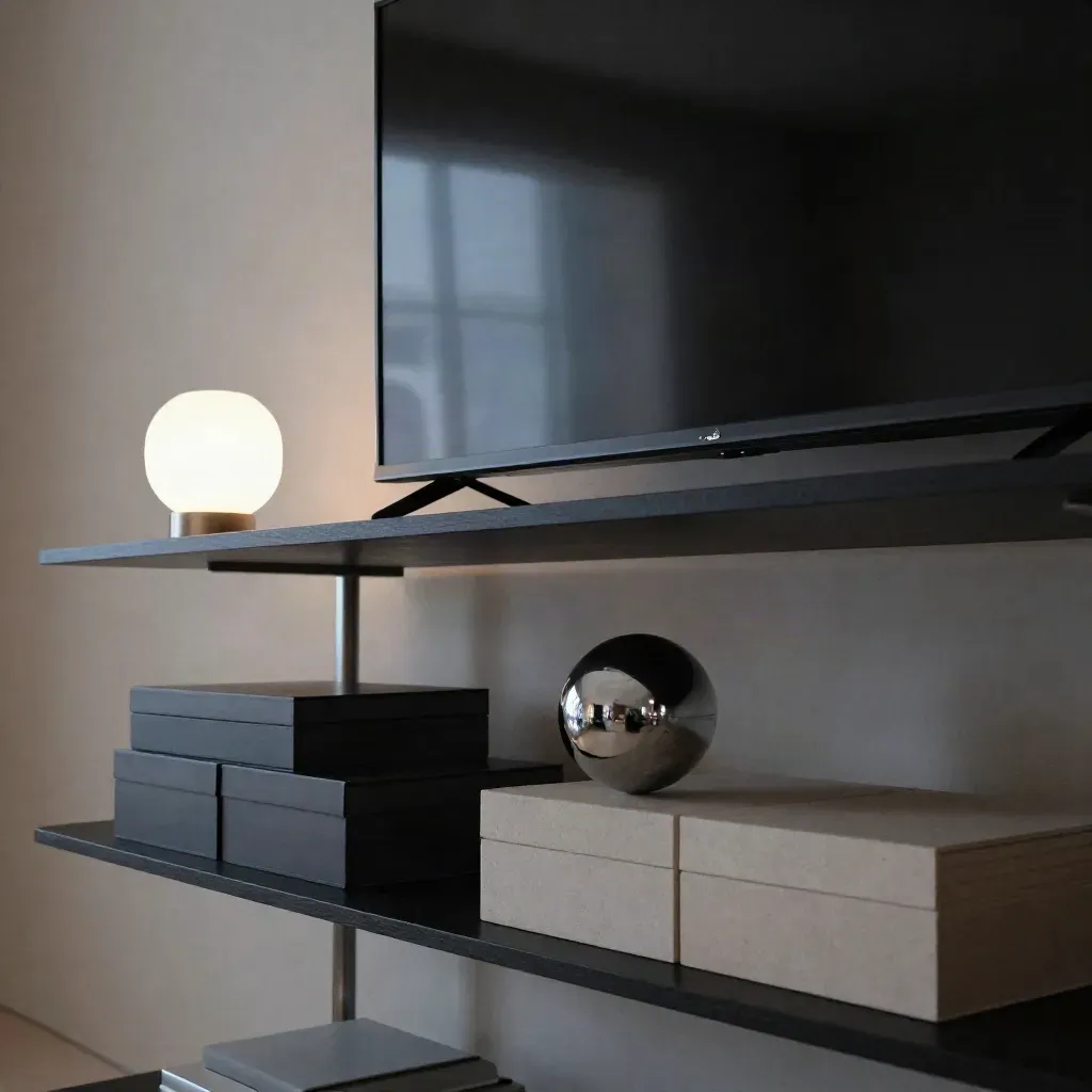 Minimal sci-fi shelf with tall TV, matte boxes, chrome orb and faceted lamp in cool dusk light