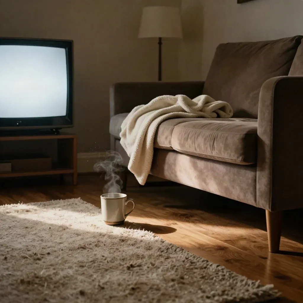 Empty den with paused TV glow, mug, blanket, and wool rug after a finale