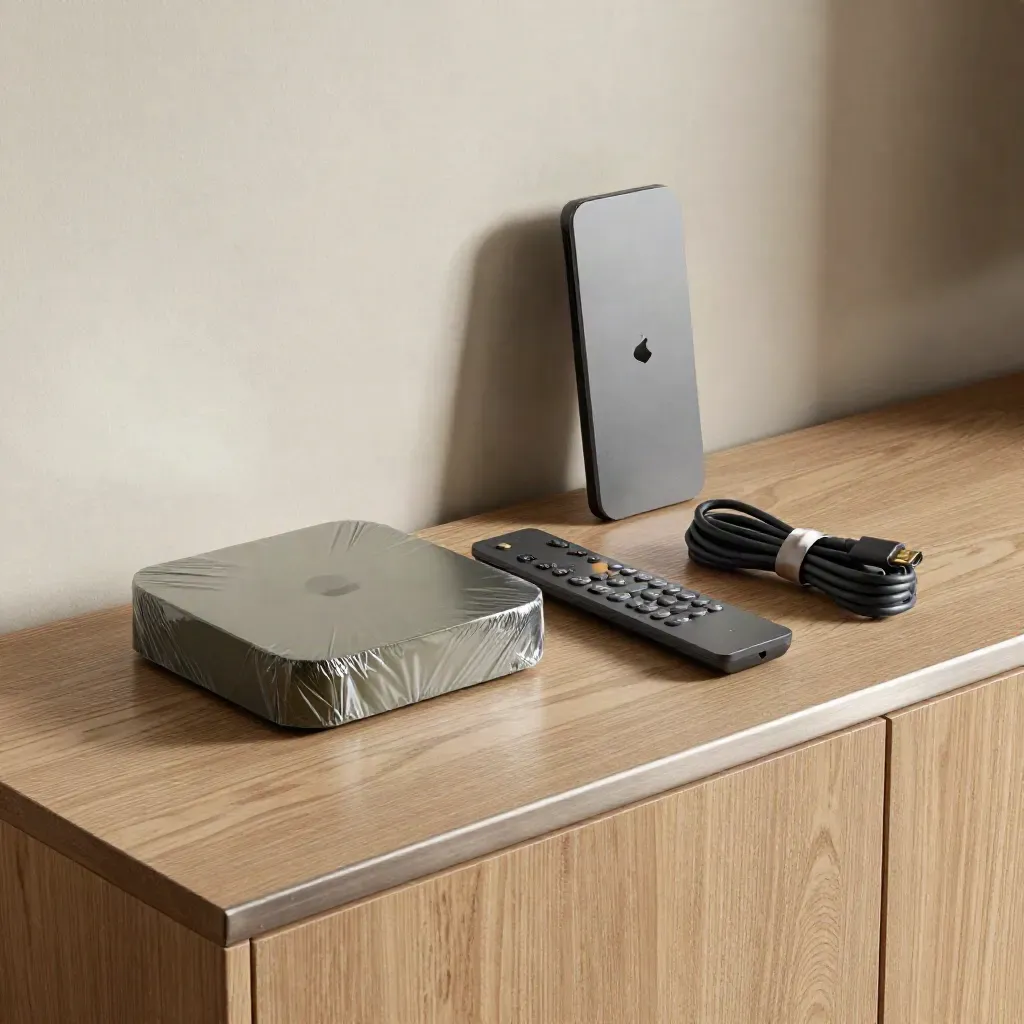 Streaming devices mid-unboxing on a media console, wrap curling in morning light, remote nearby.
