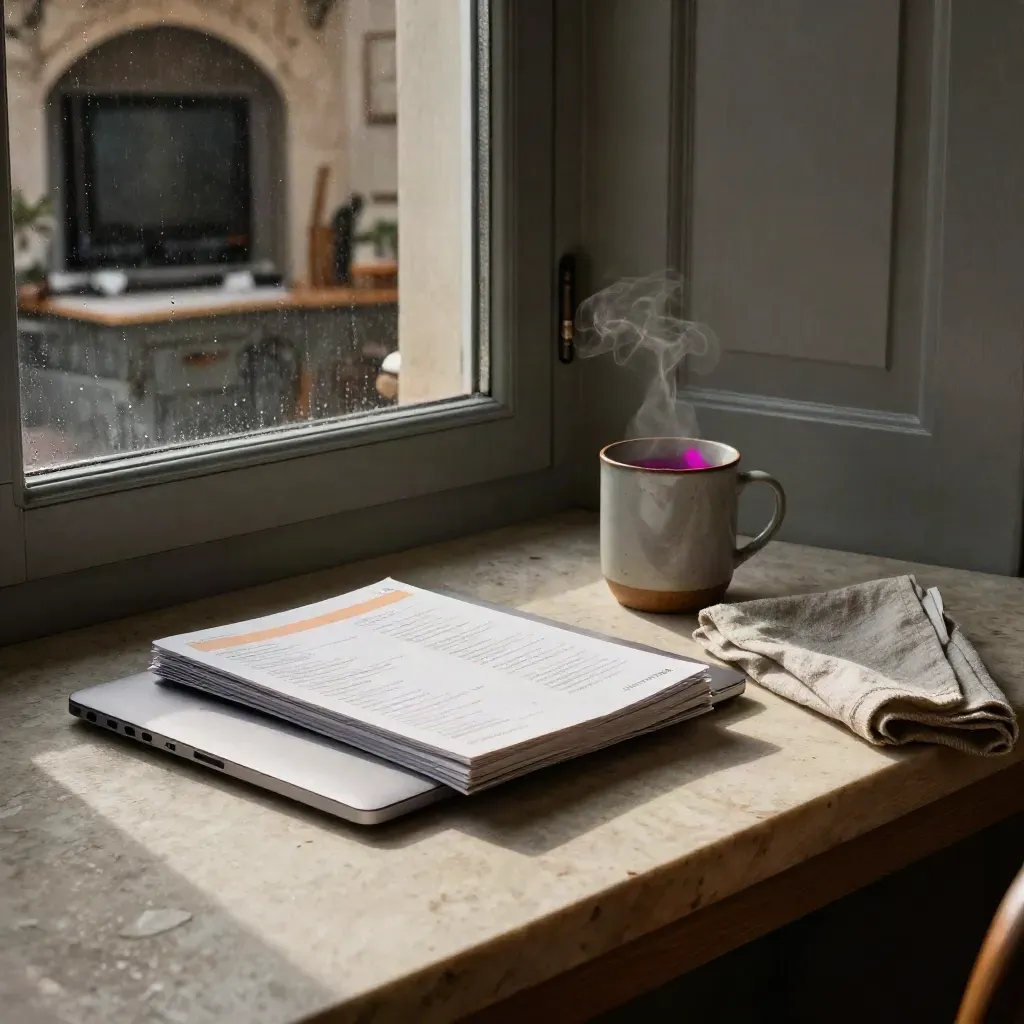 Rainy breakfast nook with closed laptop, tabbed briefs, steaming mug, and TV glow by a gray window.