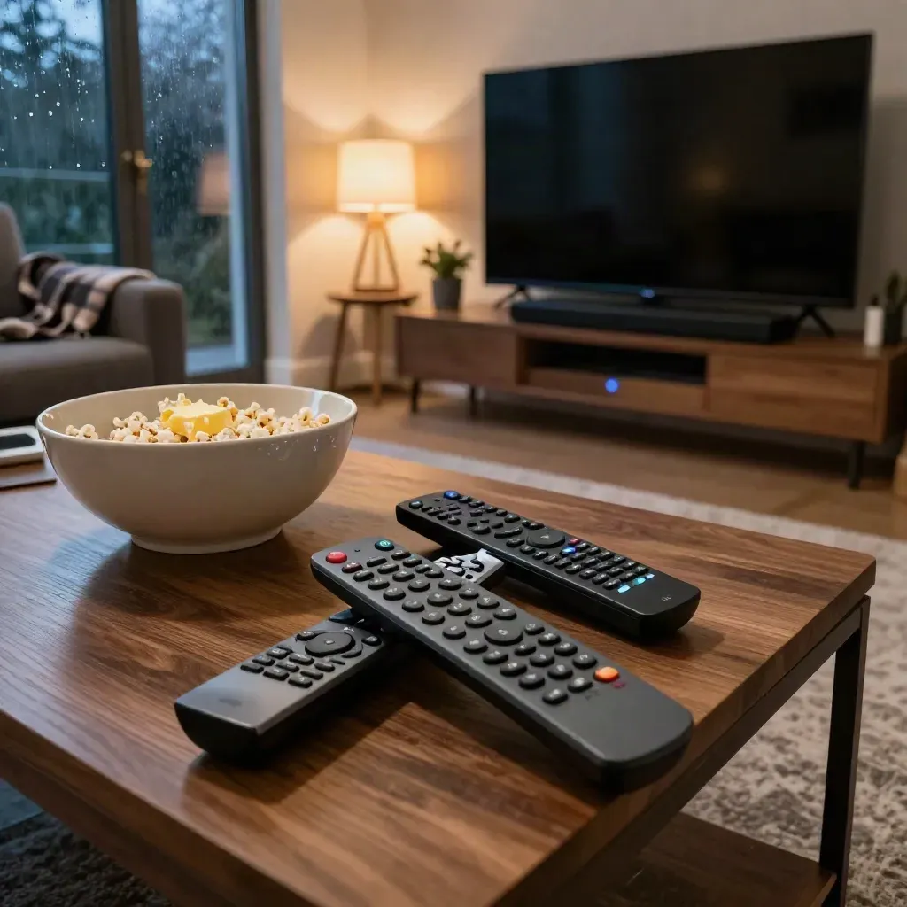 Cozy TV room with popcorn, remotes, plaid blanket, rain-lit patio door, and soft lamp glow.