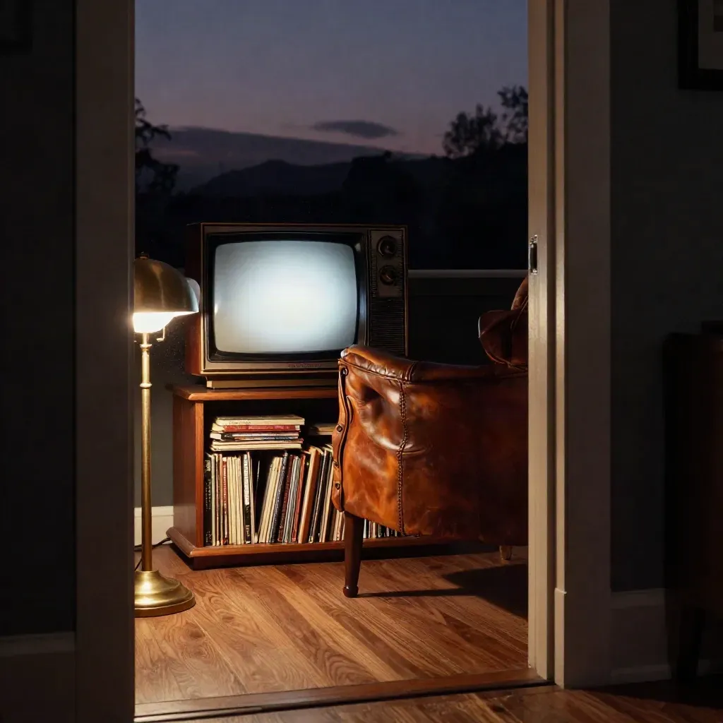 Vintage TV nook with stacked discs, worn leather chair and brass lamp glowing at dusk.