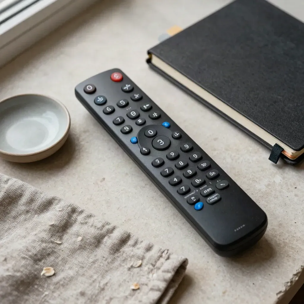 Black remote, tabbed notebook, ceramic dish and linen on pale stone, shot from above
