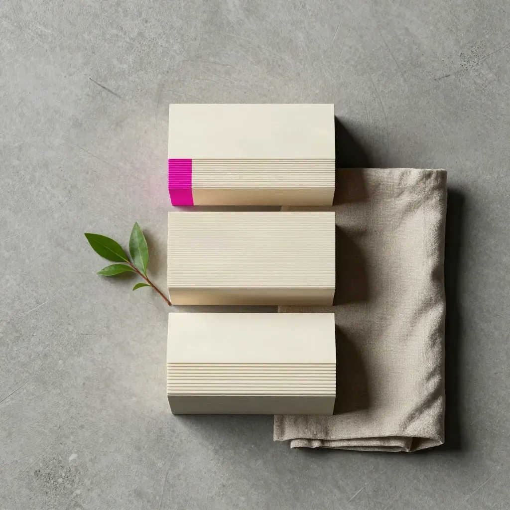 Three tabbed card stacks on concrete with linen and greenery, arranged like a tiny podium.