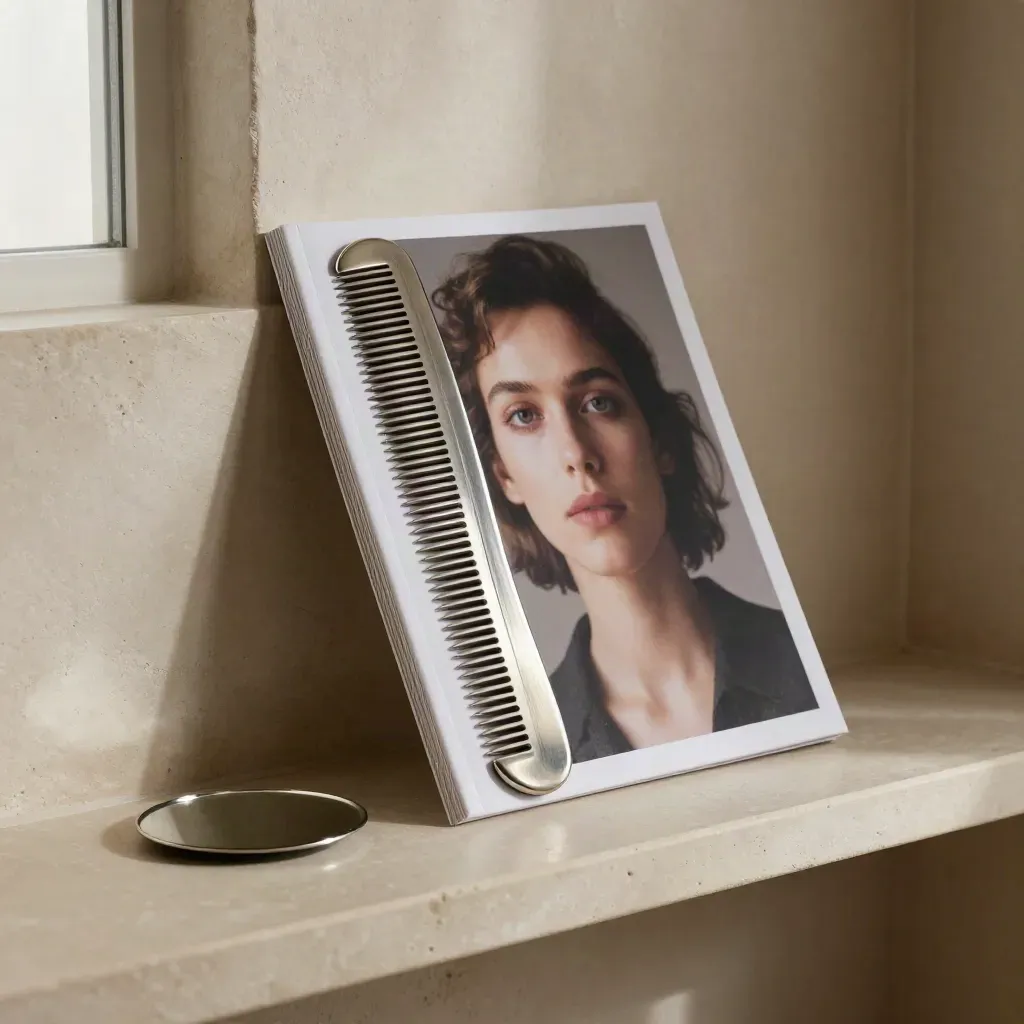 Glossy cast headshot sleeve, silver comb and mirrored dish on warm plaster shelf.