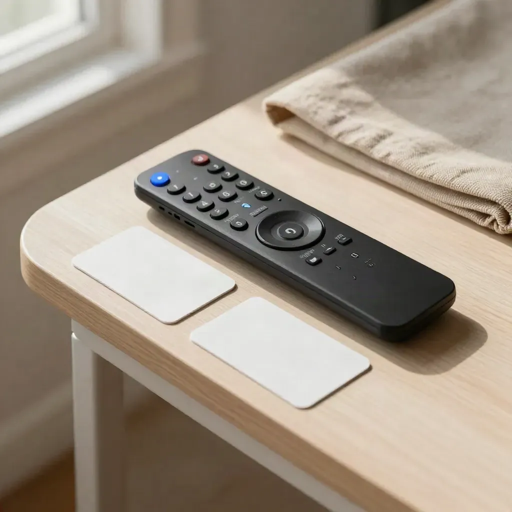 Remote, folded throw, queue cards, and ceramic weight on pale wood in soft window light.