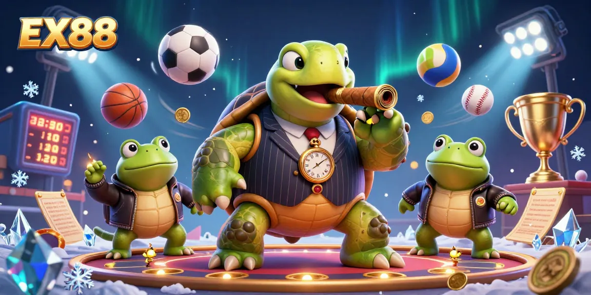 Experience high-stakes action with EX88 as cartoon characters interact on a vibrant casino floor.