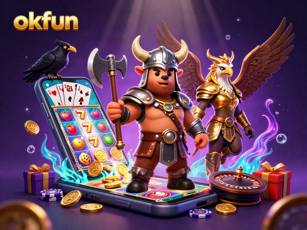 Engage in okfun's vibrant casino action with a Viking berserker bear and Valkyrie eagle amidst thrilling slots.