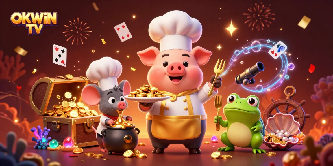 Experience exciting gaming with OKWIN TV's vibrant and detailed casino scene featuring thematic characters and gold elements.