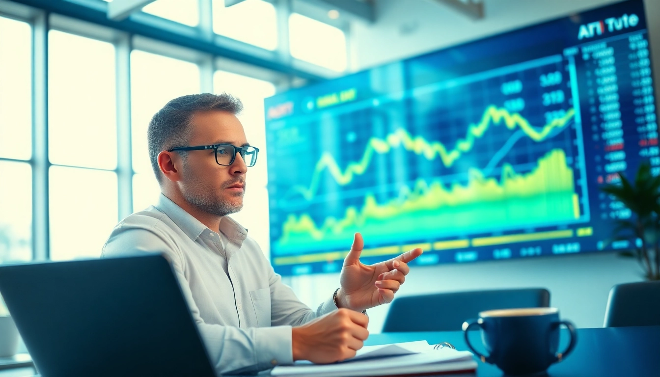 Engaged professional in AI Investing analyzing data trends with high-tech tools in a bright office.