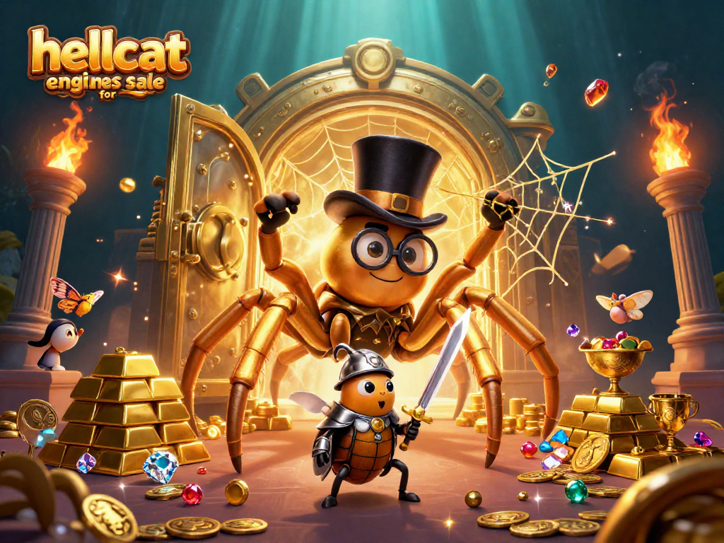 Engaging scene showcasing hellcat engines for sale as a golden tarantula weaves a web of fortune in a casino setting.