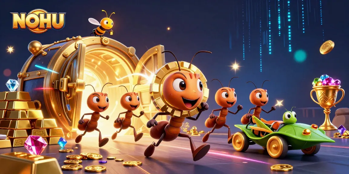NOHU illustration of ants heisting a giant poker chip with treasures in a vibrant casino environment