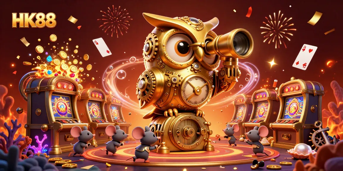 Experience the vibrant HK88 casino floor with a golden owl overseeing riches and exciting gameplay.