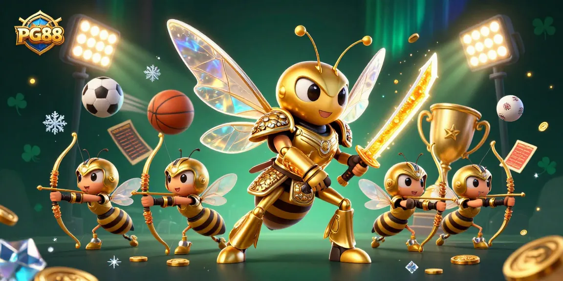 Place bets at PG88 with this vivid illustration of a golden hornet and dynamic sports elements.