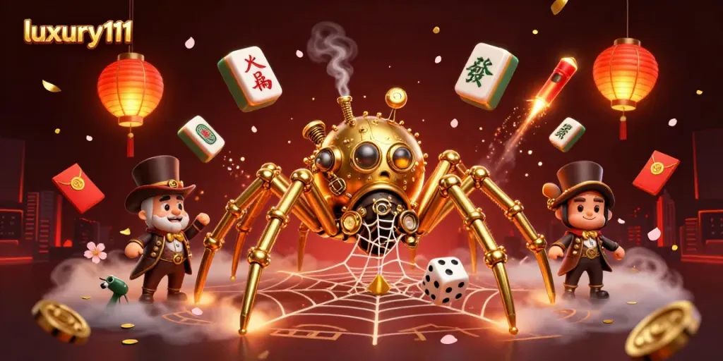 Experience gameplay thrills with luxury111 in an illustrated scene of a steampunk spider and poker elements.