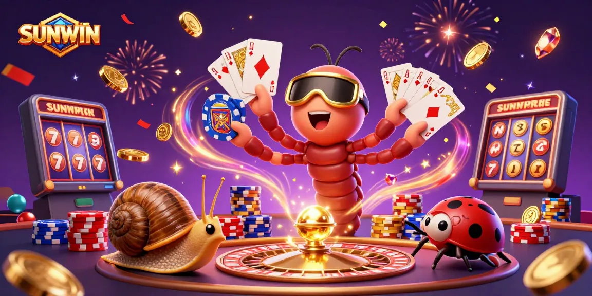 SUNWIN showcases a vibrant casino scene with a millipede dealer and a high-roller snail amidst dazzling slots and poker action.