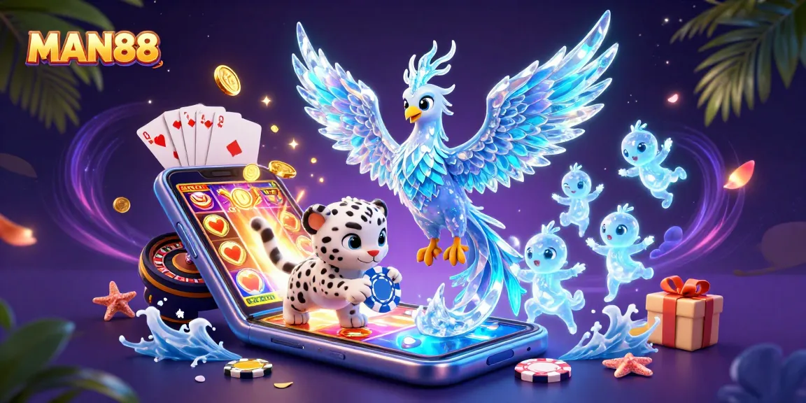 Engage with MAN88's thrilling ice phoenix and snow leopard in this vibrant casino scene.