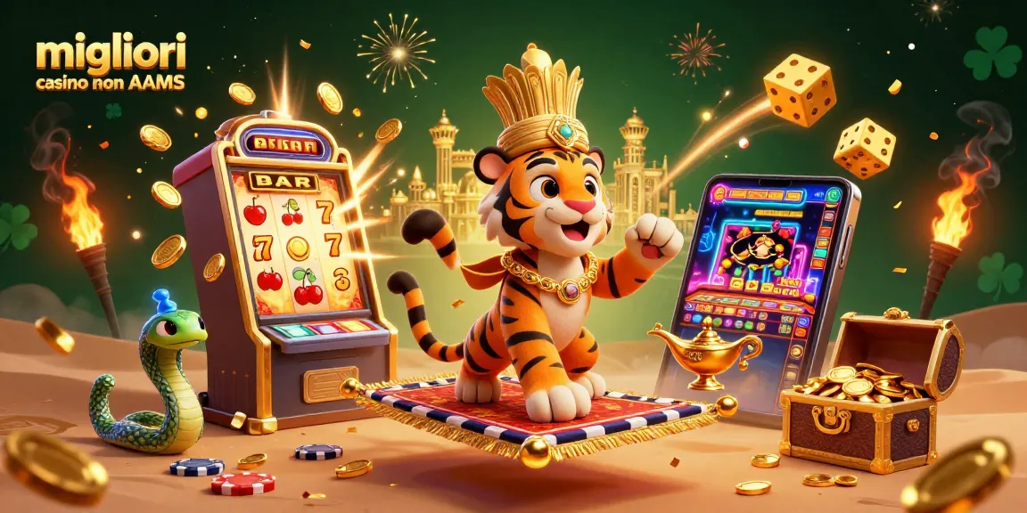 Migliori casino non AAMS: esplora un ricco mondo di gioco d'azzardo con un sultano su un tappeto volante tra macchine e simboli di slot.