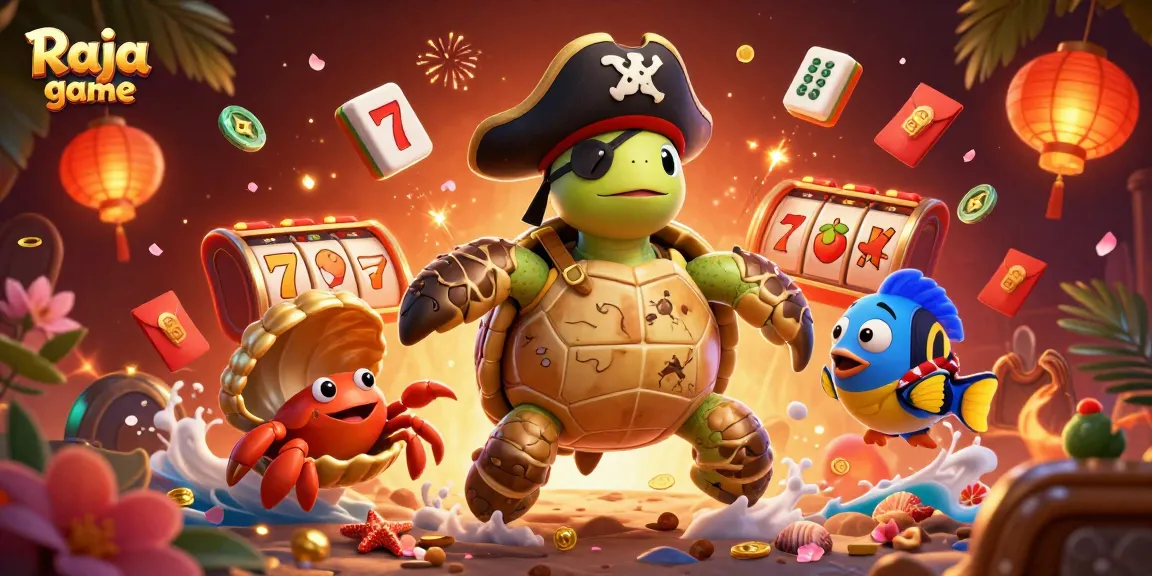 Engage with the exciting Raja game scene featuring a pirate turtle, slot reels, and vivid game elements.