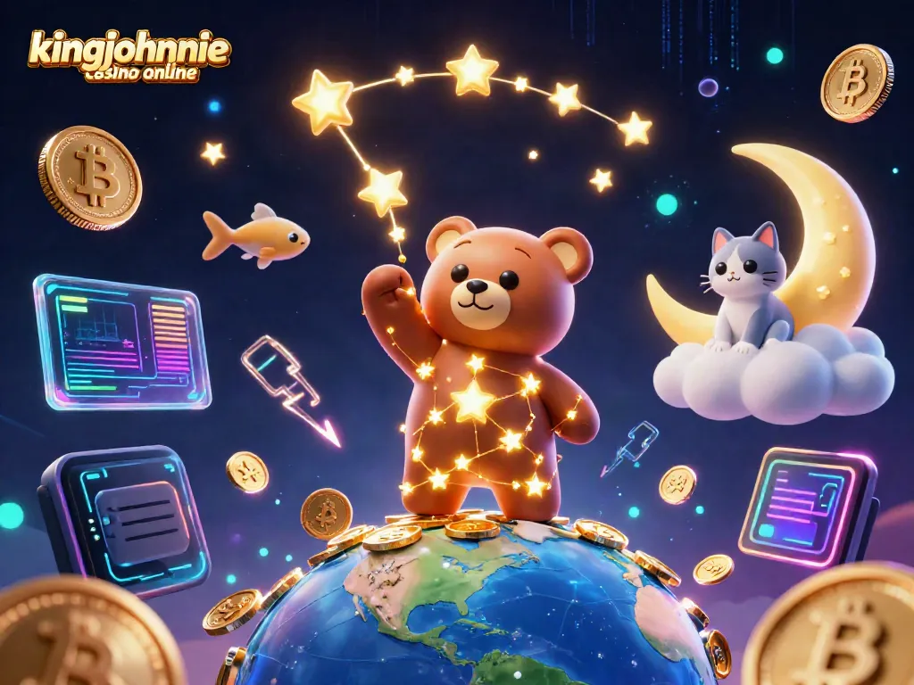 Engage with kingjohnnie casino online's vibrant gaming world, illustrated with a constellation bear and neon crypto elements.