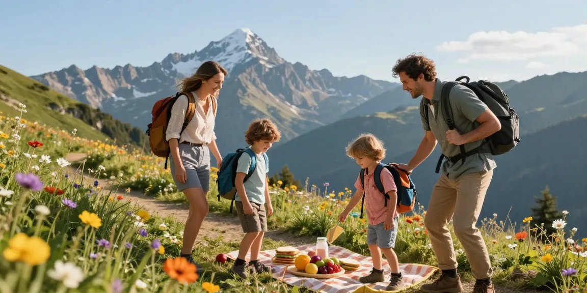 Family adventure at scenic mountains with mantra88, exploring nature trails together.