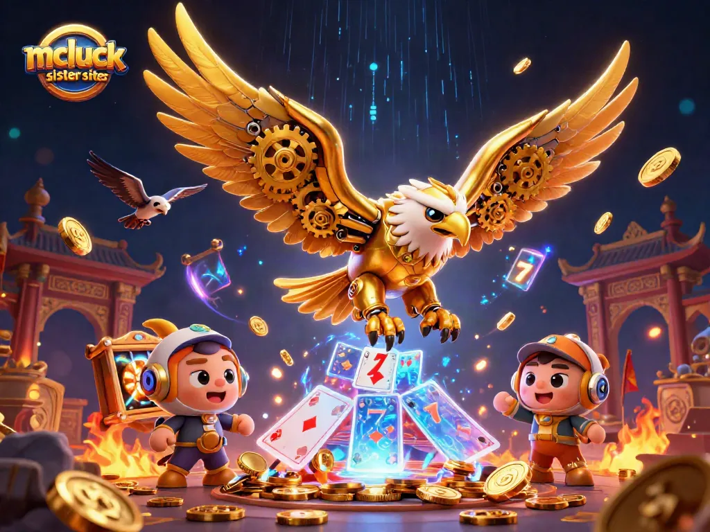 Experience the thrill of mcluck sister sites with our dynamic 3D casino illustration of a golden eagle amidst vibrant gaming elements.