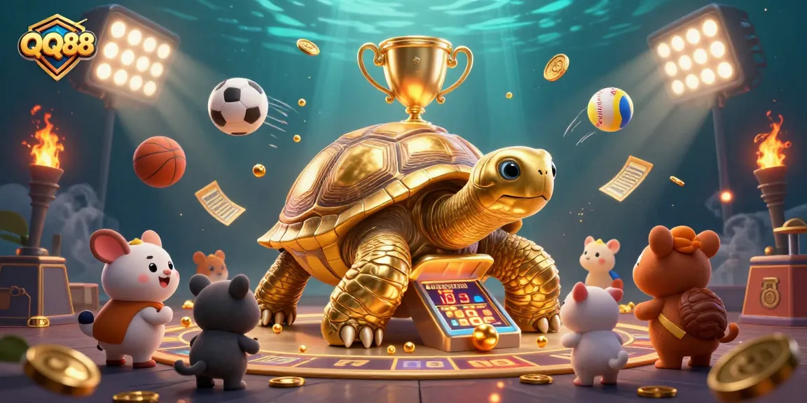 Experience thrilling gameplay at QQ88 with a vibrant 3D casino scene featuring a golden tortoise pinball machine.