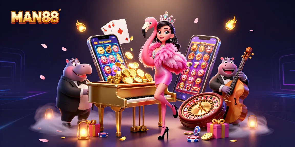 Engage in luxury gaming with MAN88's dynamic casino atmosphere featuring colorful slot games and lively performers.