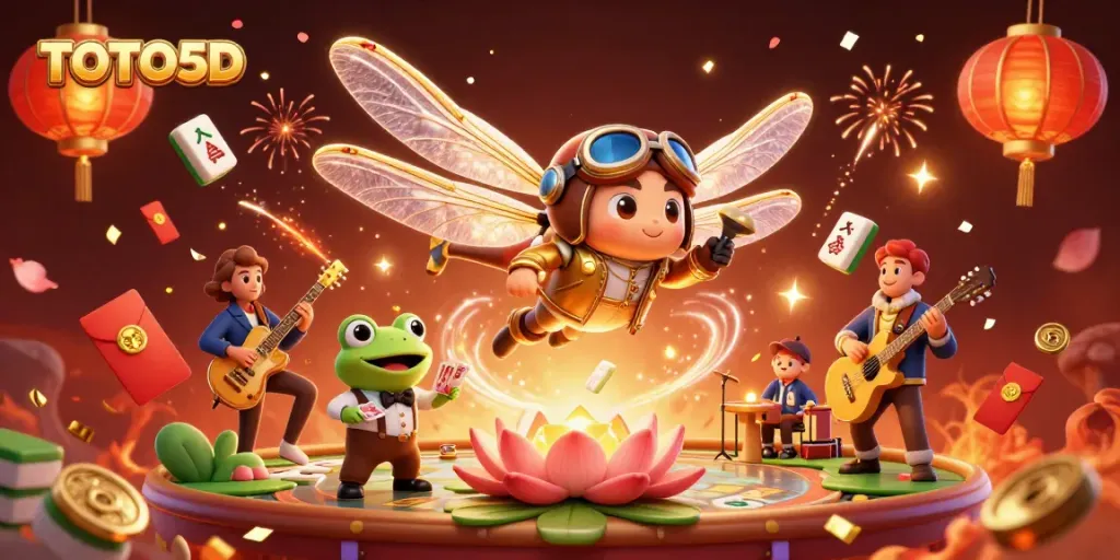 TOTO5D game scene with dragonfly pilot, frog croupier, and jazz musicians celebrating wins.