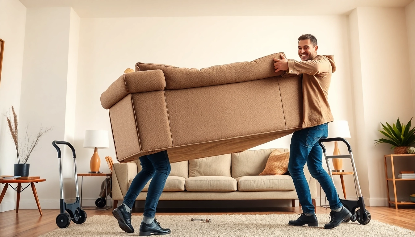 Couch removal services by a professional team in a bright, modern living room environment.