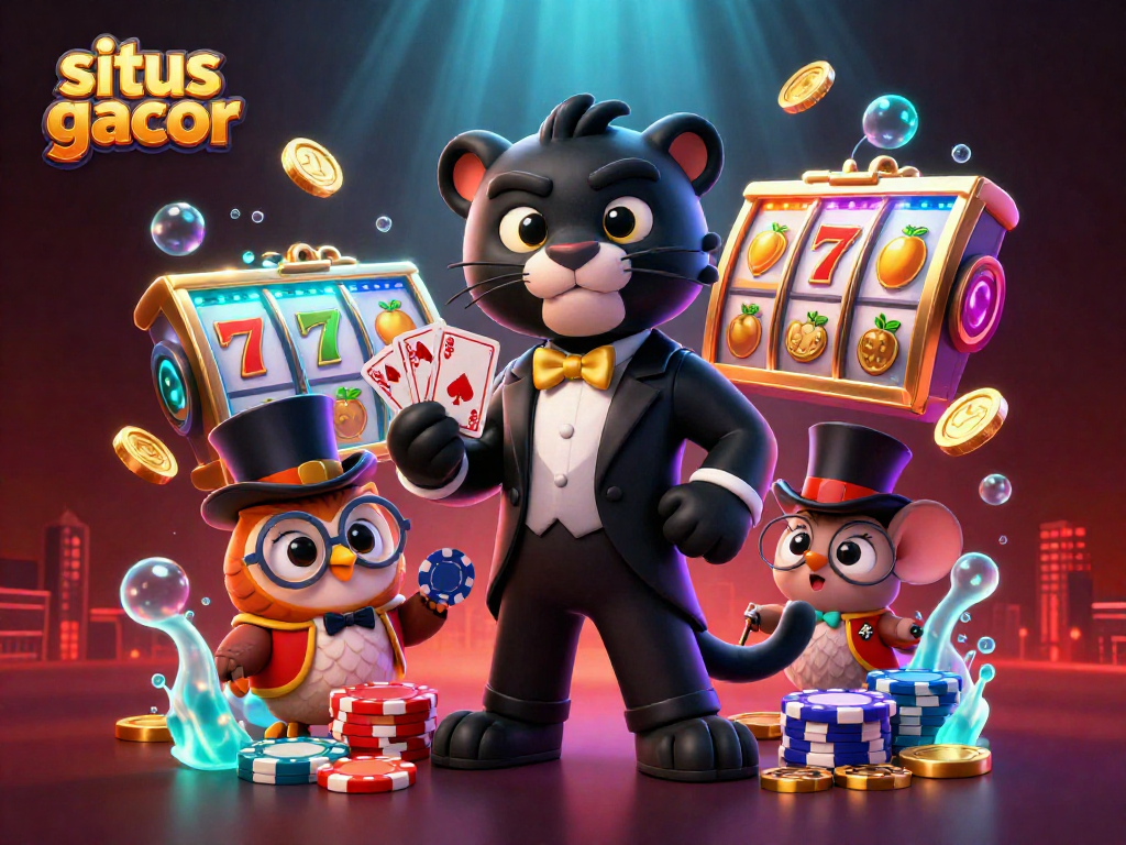 Situs gacor scene showcasing the panther dealing cards with vibrant casino elements.