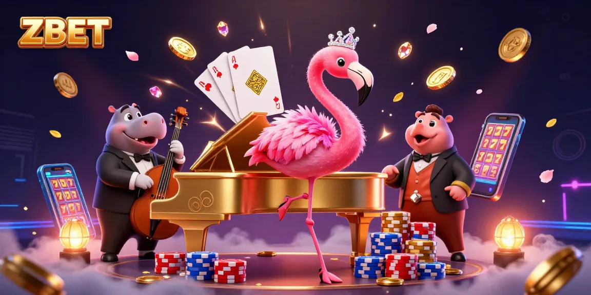 ZBET showcases an energetic casino scene with a flamingo singer and hippo bassist amidst shimmering coins and gaming elements.