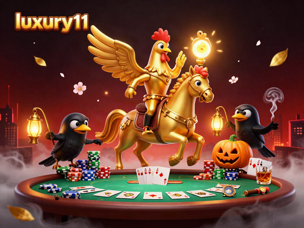 Experience thrilling moments at luxury111 with a golden rooster and spectral horse in a bustling casino scene.