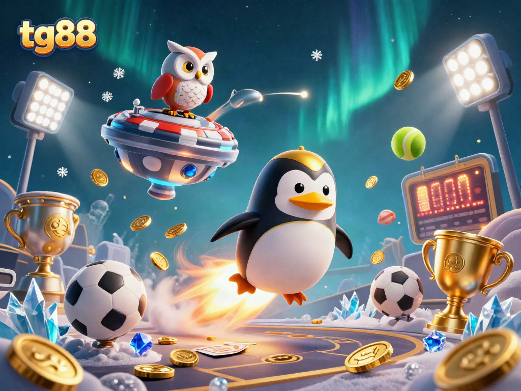 Experience thrilling action in the tg88 online casino space with a golden penguin and sports elements.