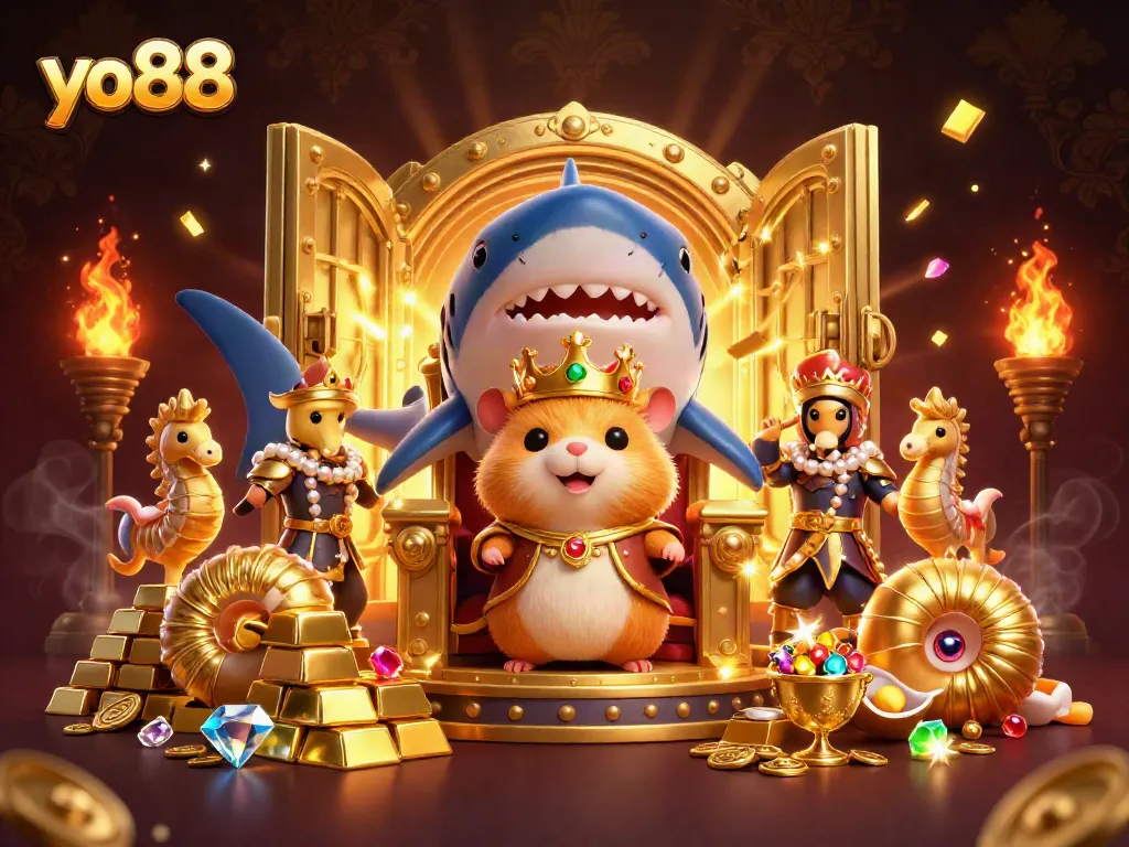Experience winning moments at yo88 with a captivating golden hamster king in a treasure-filled casino.