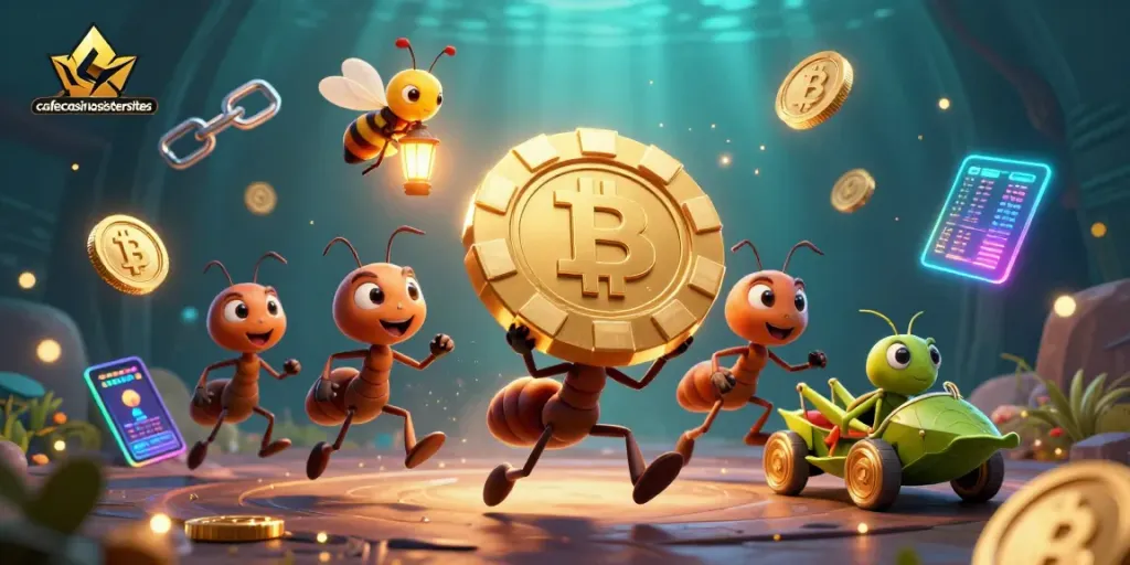 Ant team heisting a giant poker chip amid glowing crypto elements at cafecasinosistersites.