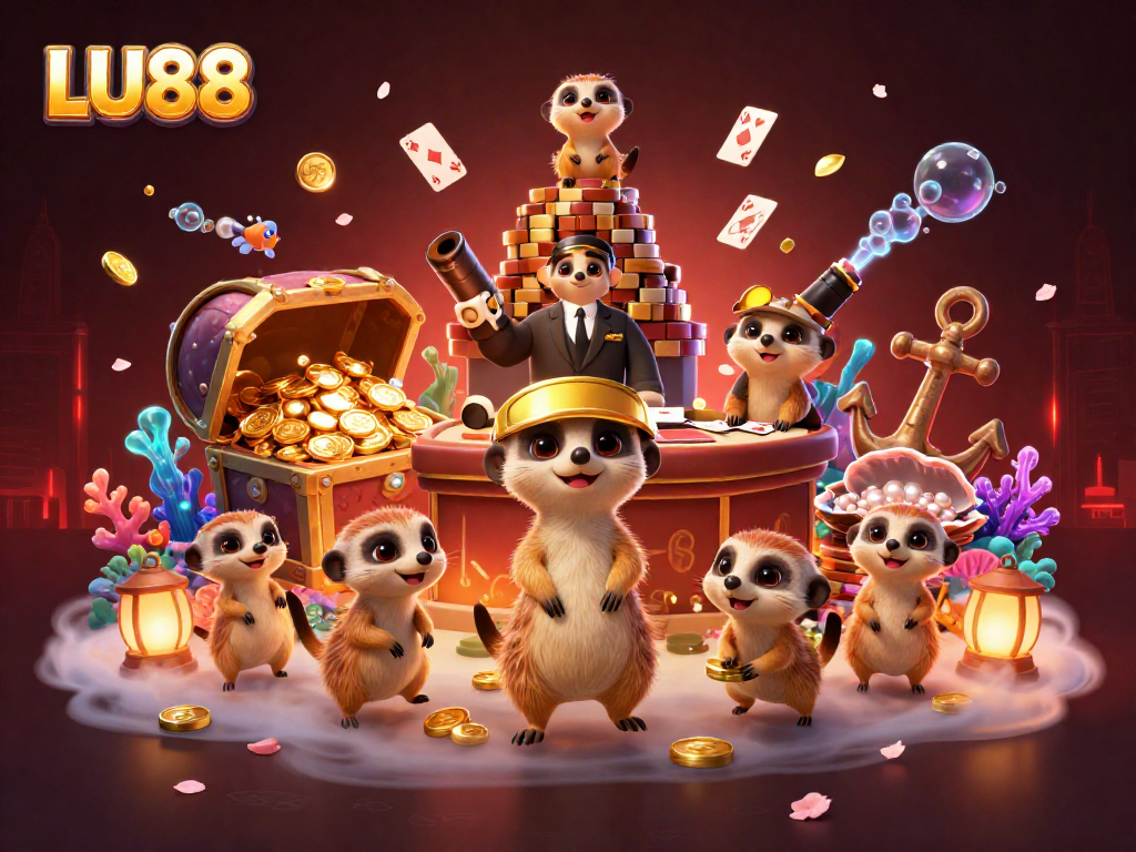 LU88 presents an energetic meerkat casino scene featuring dealers, treasures, and vibrant elements for a thrilling experience.