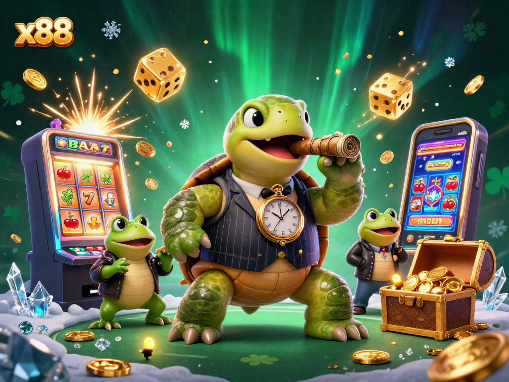 Engage with the exciting world of x88 as a turtle mobster and bullfrog enforcers celebrate casino winnings!