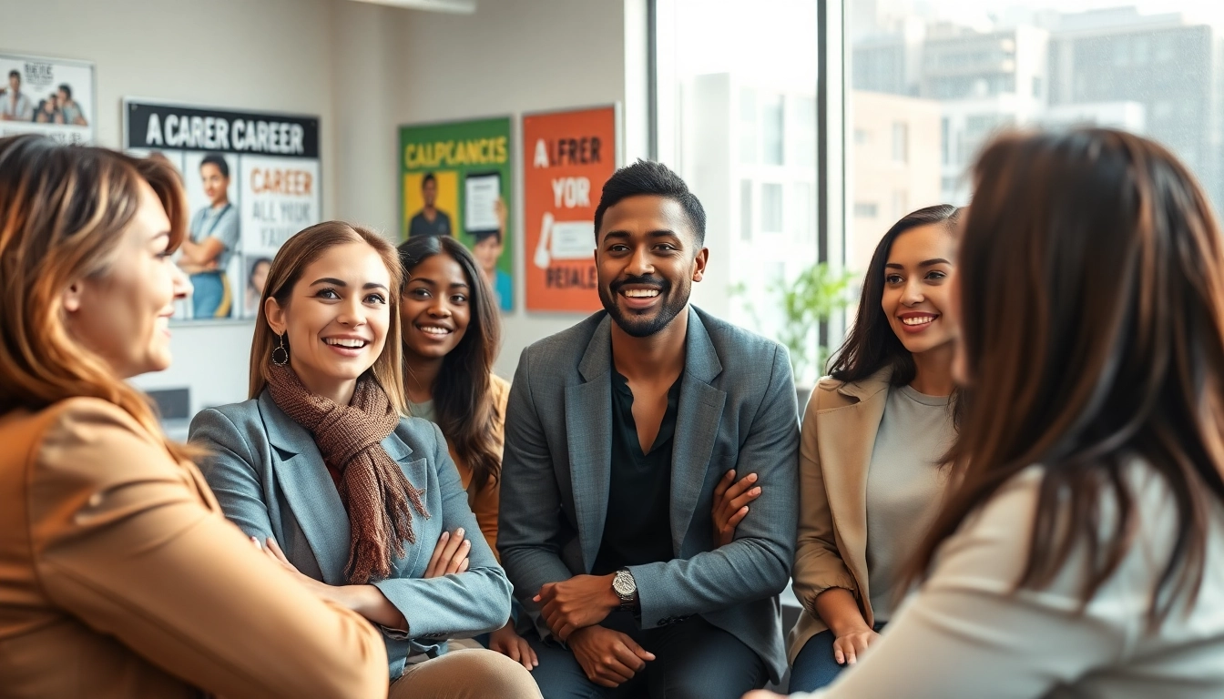 How to find my perfect career illustrated by a diverse group engaging with a career advisor.