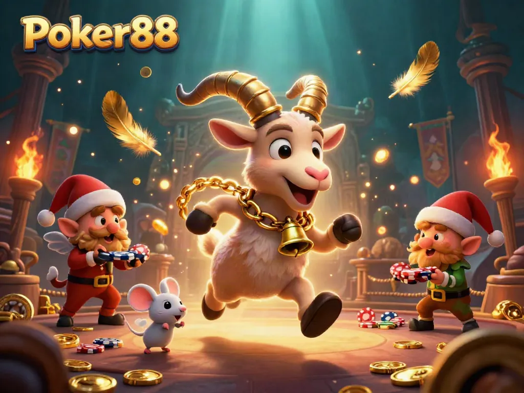 Engage in thrilling poker action at Poker88 with cartoon gremlins stealing chips in a festive casino.