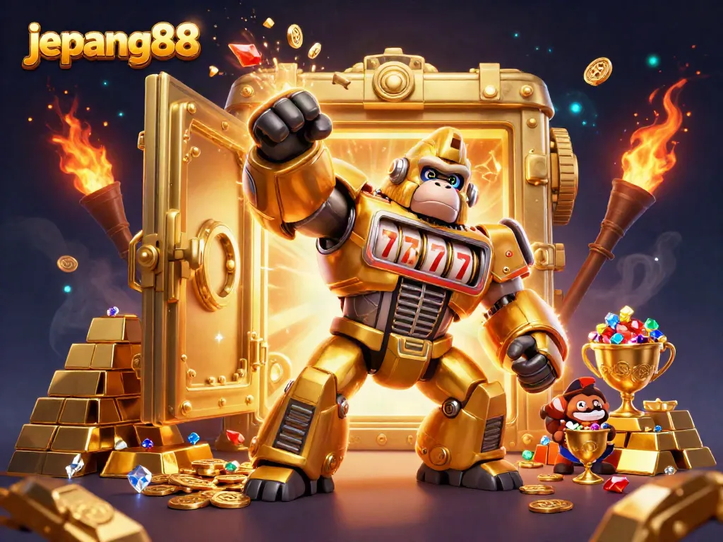 Engage with jepang88's thrilling slot action featuring a golden gorilla mech amidst overflowing treasures.