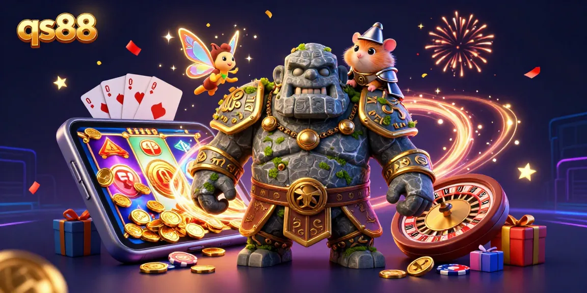 Engage with the thrilling qs88 gaming experience as a magical golem and brave hamster knight bring slot games to life.