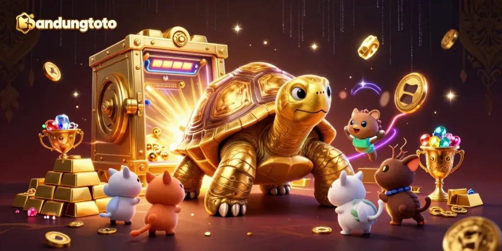 Engage in thrilling gameplay at bandungtoto's vibrant casino scene, featuring a playful tortoise and golden treasures.