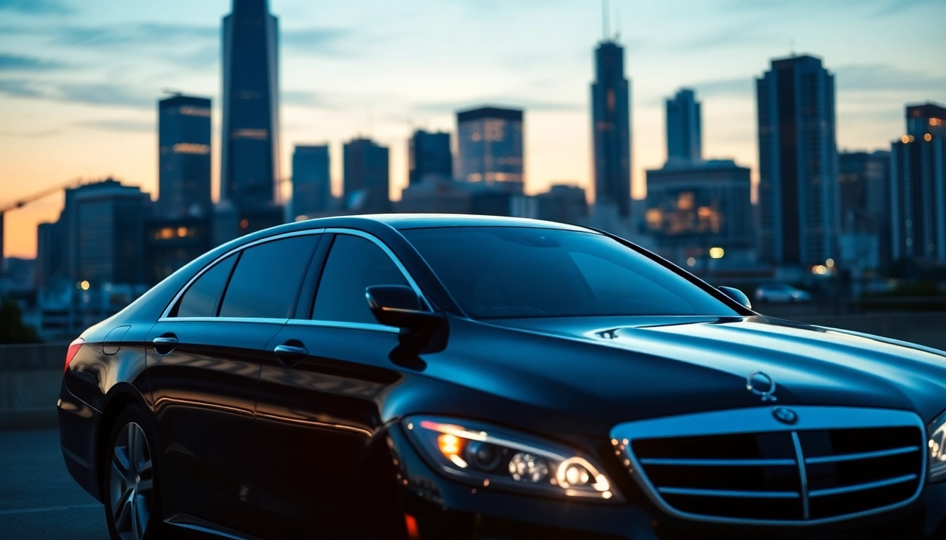 Experience premium black car service with a professional chauffeur and elegant sedan in a cityscape.