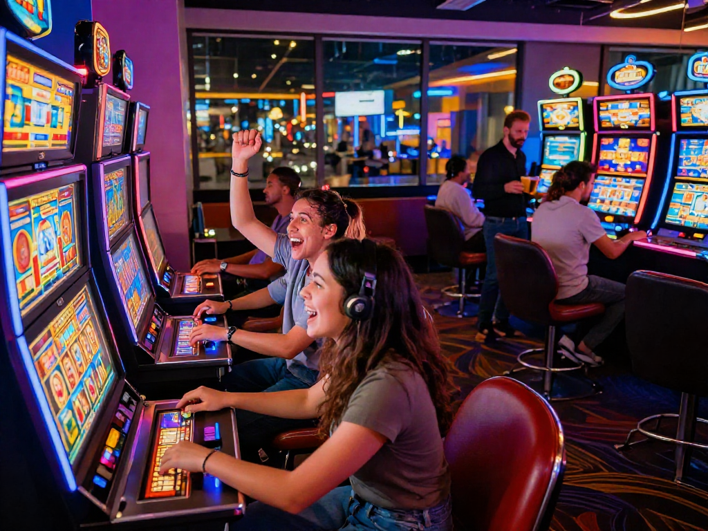 Excited players celebrating wins at slot gacor hari ini machines in a vibrant casino atmosphere.