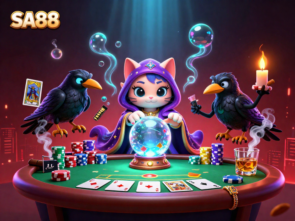 Engage with SA88's thrilling casino atmosphere with a mystical cat fortune teller and poker elements.