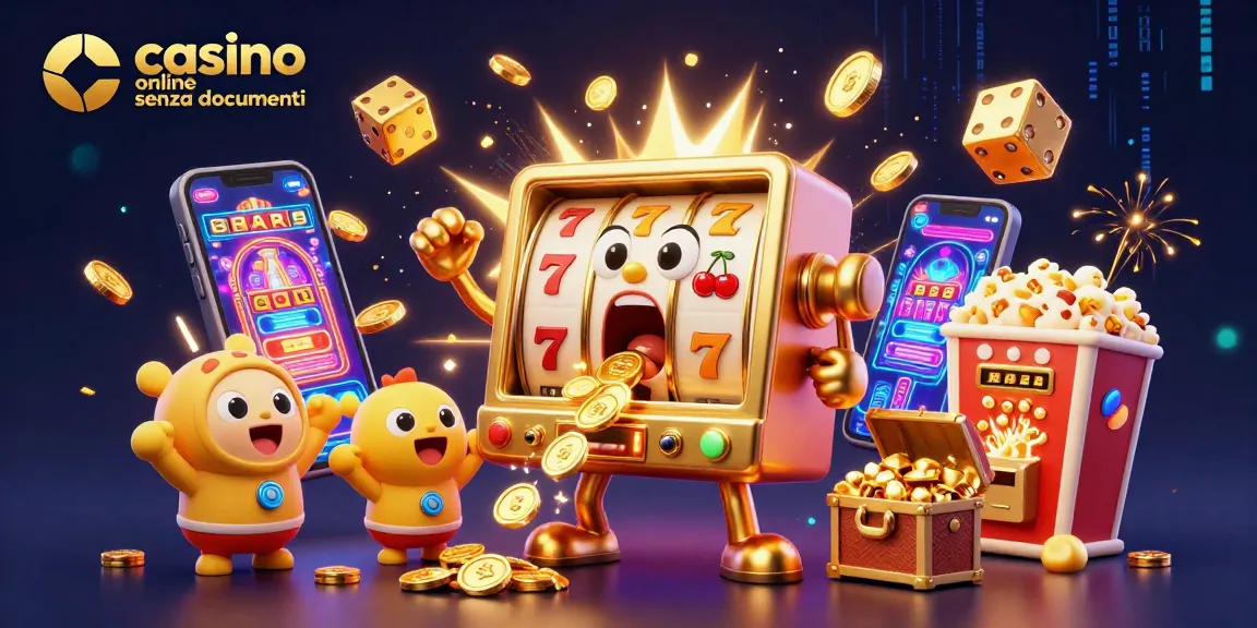 Scopri il divertimento del casino online senza documenti con slot che festeggiano un jackpot in un'illustrazione animata.