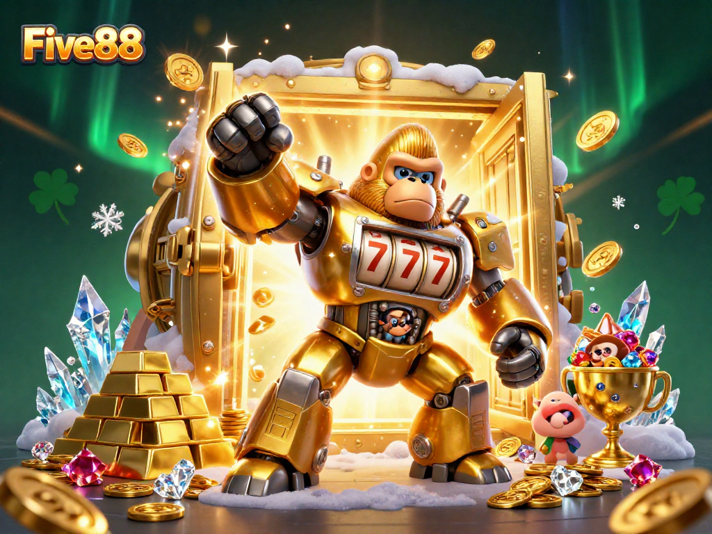 Experience the thrill of casino action with Five88 in this vibrant 3D illustration filled with treasures.